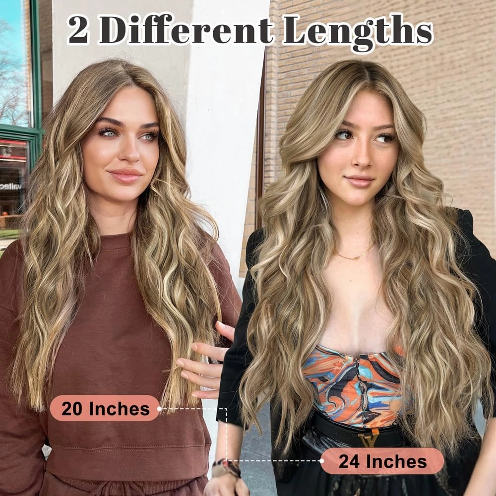 ALXNAN Clip in Long Wavy Synthetic Hair Extension 16 Inch Brown with Blonde Highlights 4PCS Thick Hairpieces Fiber Double Weft Hair for Women