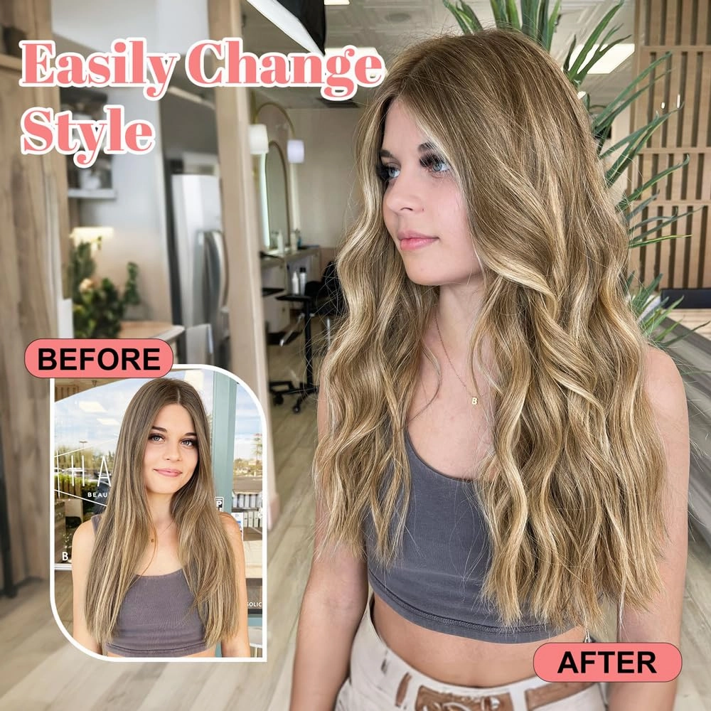 ALXNAN Clip in Long Wavy Synthetic Hair Extension 16 Inch Brown with Blonde Highlights 4PCS Thick Hairpieces Fiber Double Weft Hair for Women