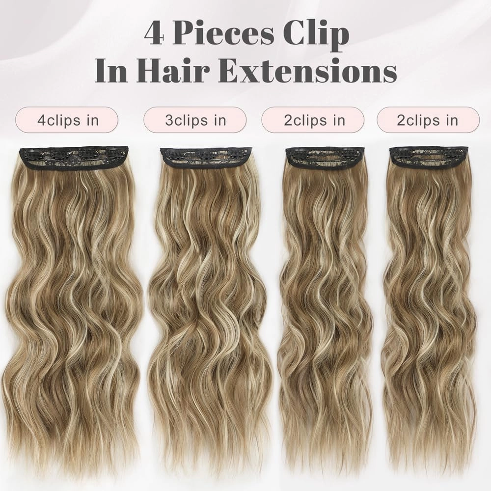 ALXNAN Clip in Long Wavy Synthetic Hair Extension 16 Inch Brown with Blonde Highlights 4PCS Thick Hairpieces Fiber Double Weft Hair for Women