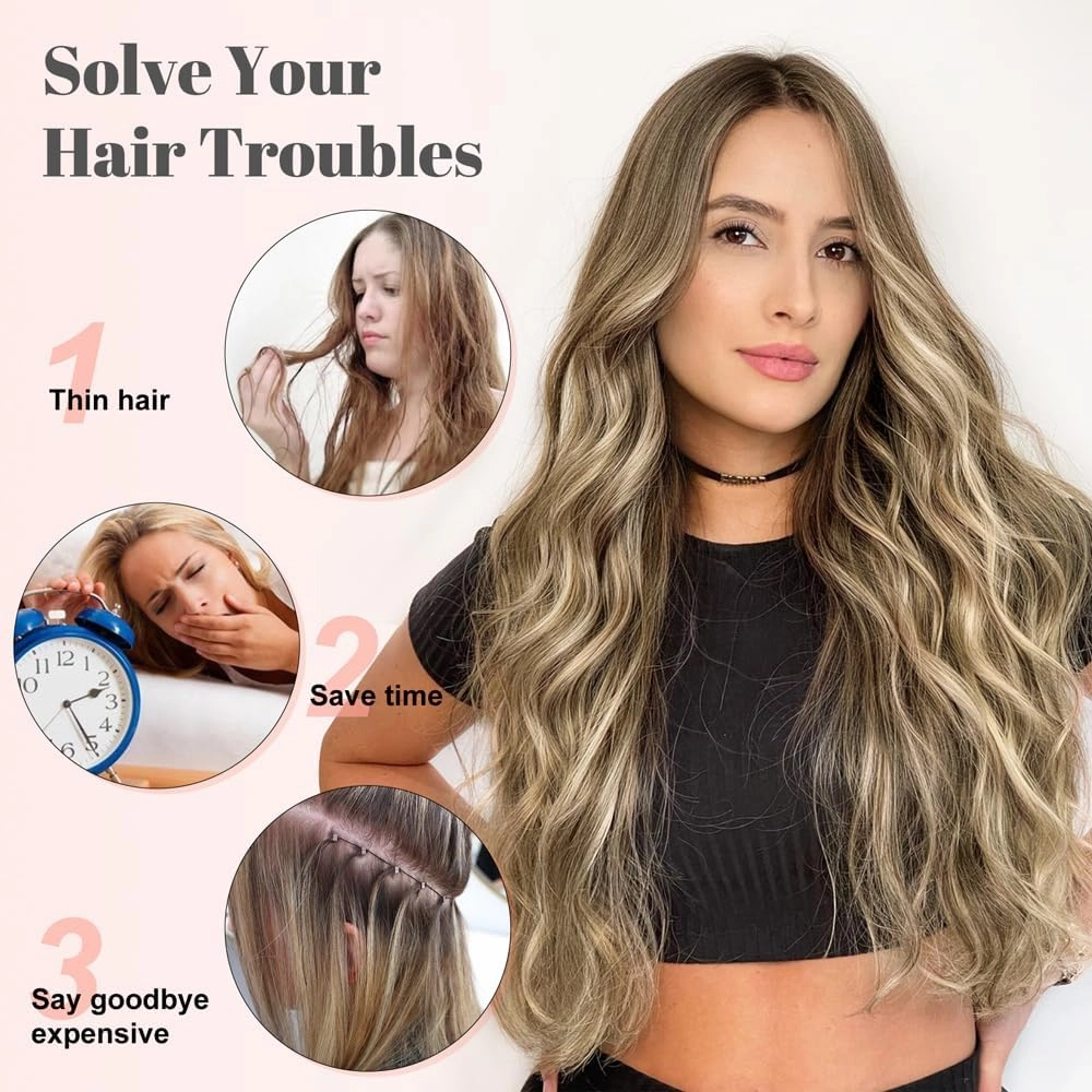 ALXNAN Clip in Long Wavy Synthetic Hair Extension 16 Inch Brown with Blonde Highlights 4PCS Thick Hairpieces Fiber Double Weft Hair for Women