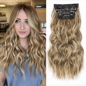 ALXNAN Clip in Long Wavy Synthetic Hair Extension 16 Inch Brown with Blonde Highlights 4PCS Thick Hairpieces Fiber Double Weft Hair for Women