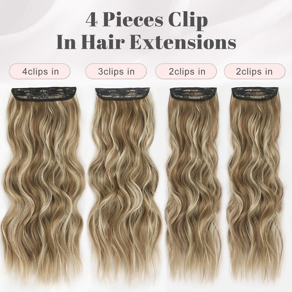 ALXNAN Clip in Long Wavy Synthetic Hair Extension 16 Inch Brown with Blonde Highlights 4PCS Thick Hairpieces Fiber Double Weft Hair for Women