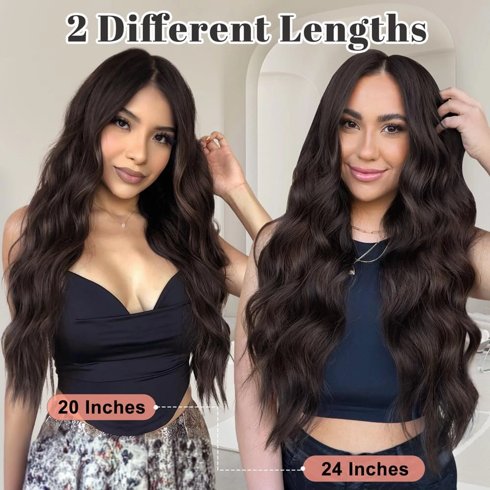 ALXNAN Clip in Long Wavy Synthetic Hair Extension 20 Inch Dark Brown 4PCS Thick Hairpieces Fiber Double Weft Hair for Women