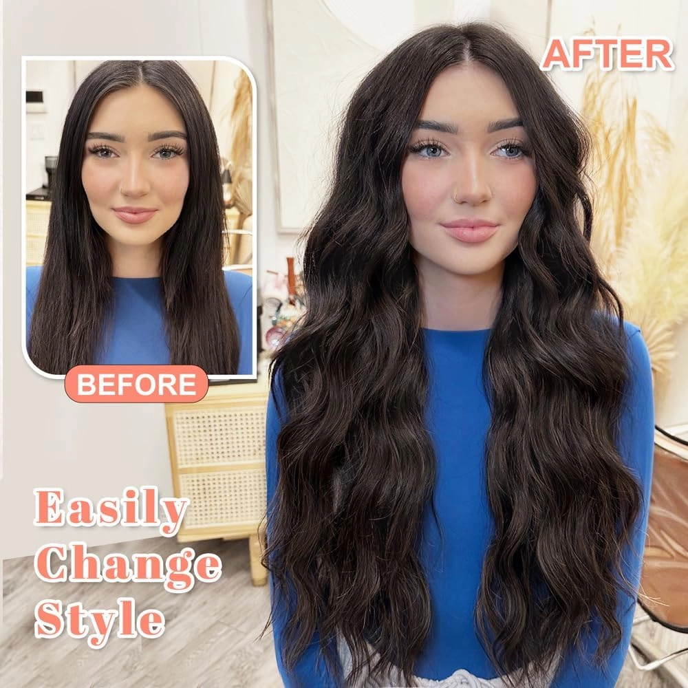 ALXNAN Clip in Long Wavy Synthetic Hair Extension 20 Inch Dark Brown 4PCS Thick Hairpieces Fiber Double Weft Hair for Women