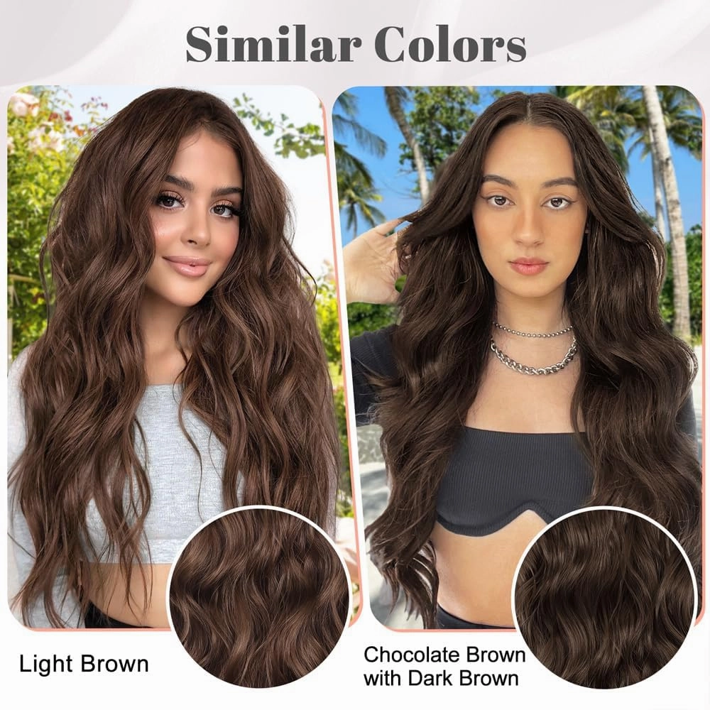 ALXNAN Clip in Long Wavy Synthetic Hair Extension 20 Inch Dark Brown 4PCS Thick Hairpieces Fiber Double Weft Hair for Women
