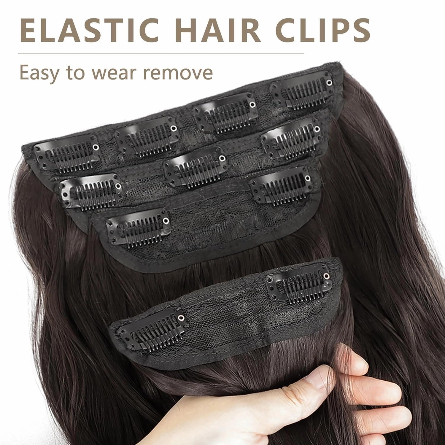 ALXNAN Clip in Long Wavy Synthetic Hair Extension 20 Inch Dark Brown 4PCS Thick Hairpieces Fiber Double Weft Hair for Women