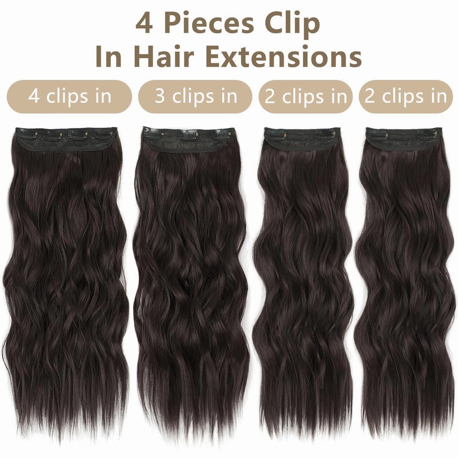 ALXNAN Clip in Long Wavy Synthetic Hair Extension 20 Inch Dark Brown 4PCS Thick Hairpieces Fiber Double Weft Hair for Women