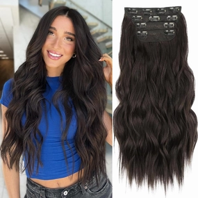 ALXNAN Clip in Long Wavy Synthetic Hair Extension 20 Inch Dark Brown 4PCS Thick Hairpieces Fiber Double Weft Hair for Women