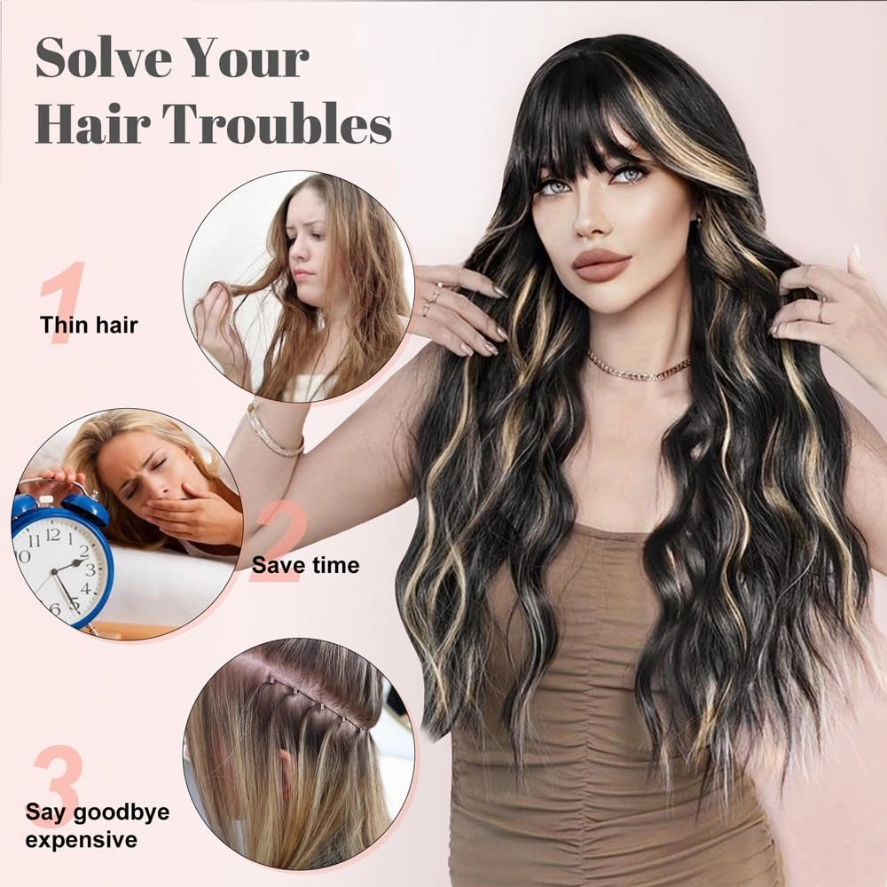 ALXNAN Clip in Long Wavy Synthetic Hair Extension 24 Inch Black with Blonde Highlights 4PCS Thick Hairpieces Fiber Double Weft Hair for Women