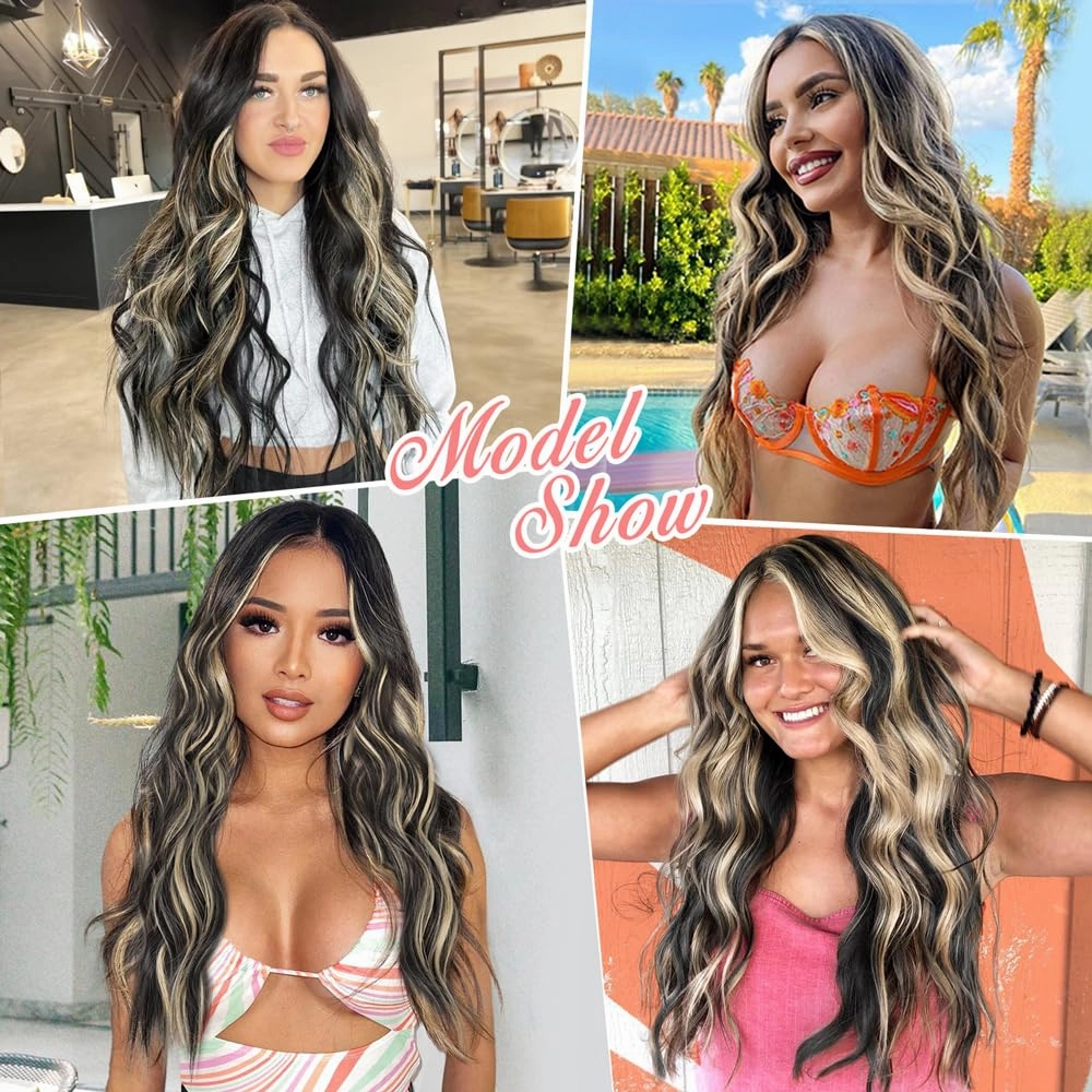 ALXNAN Clip in Long Wavy Synthetic Hair Extension 24 Inch Black with Blonde Highlights 4PCS Thick Hairpieces Fiber Double Weft Hair for Women