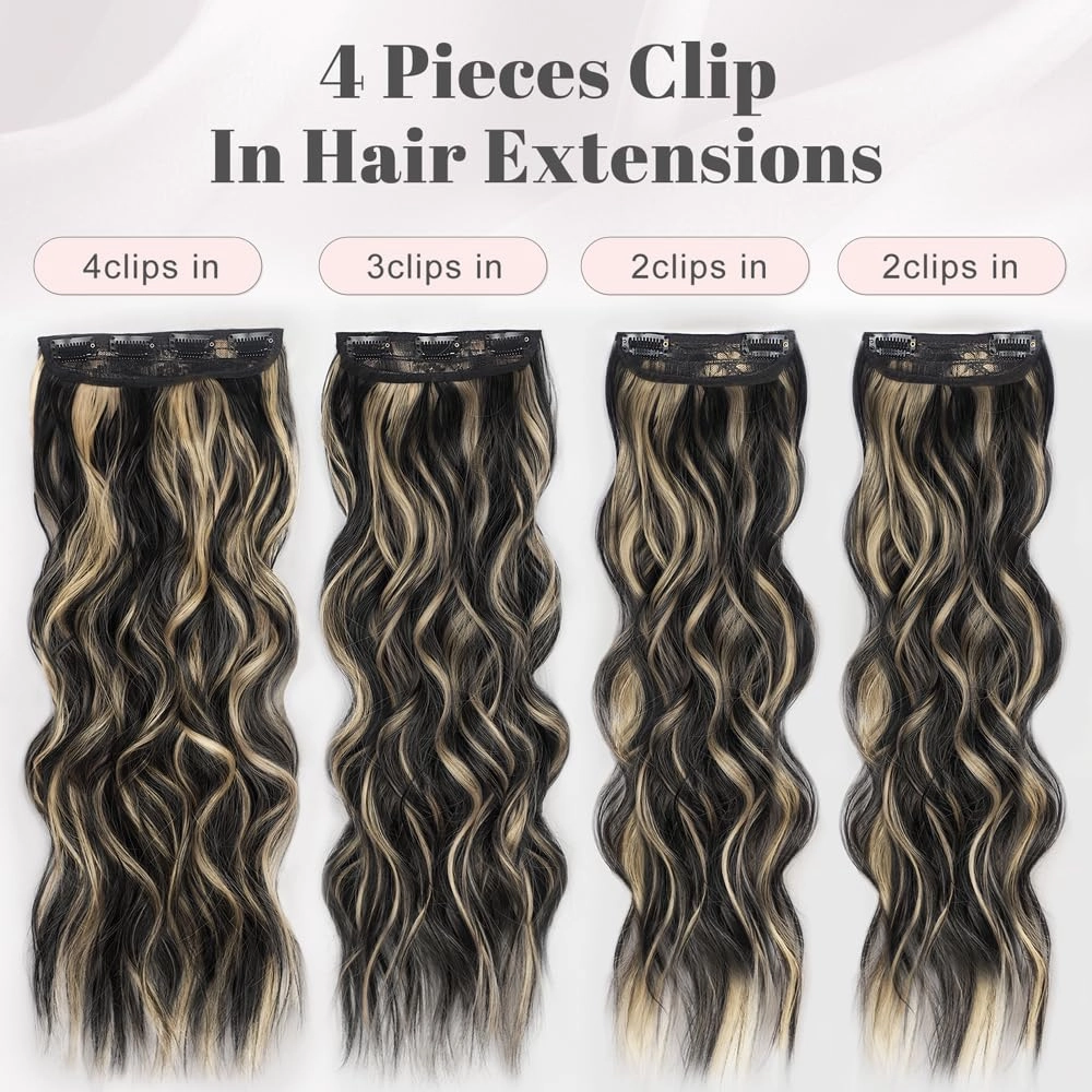 ALXNAN Clip in Long Wavy Synthetic Hair Extension 24 Inch Black with Blonde Highlights 4PCS Thick Hairpieces Fiber Double Weft Hair for Women
