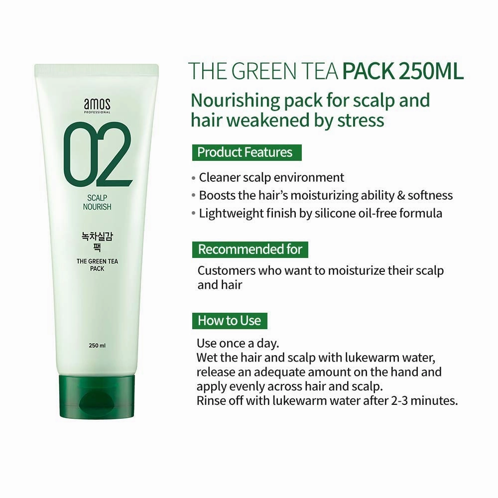 AMOS PROFESSIONAL The Green Tea Pack 8.45 oz (250ml) | Nourishing and Moisturizing Deep Conditioner for Hair Growth | Korean Hair Salon Brand