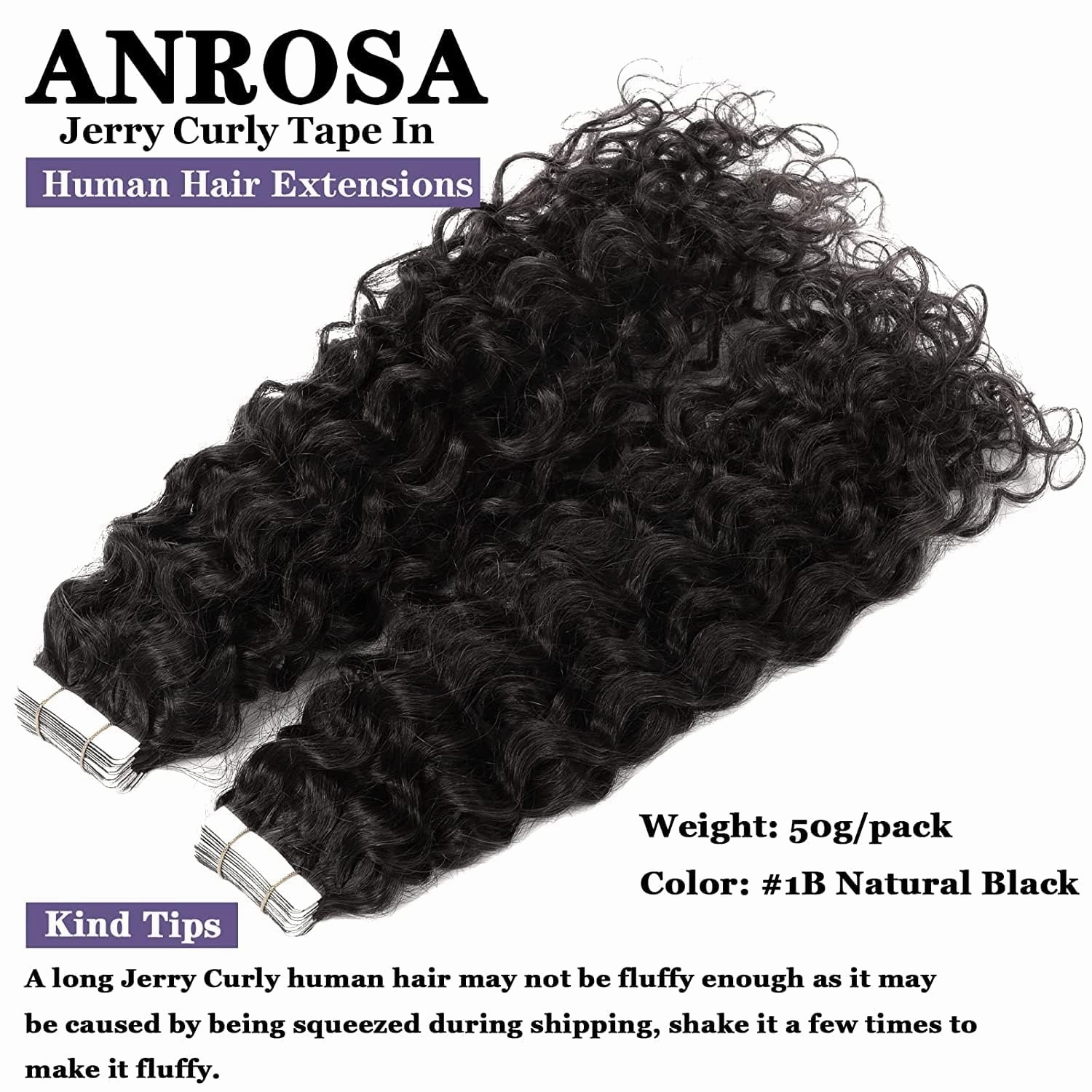 Anrosa 20inch Kinky Curly Tape on Hair Extensions with Invisible Tape Jerry Curly Tape in Hair Extensions Human Hair Seamless Natural Black #1B Thick End 50Gram 20pcs