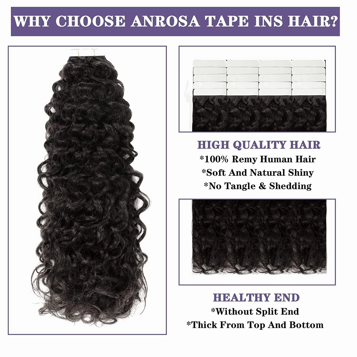Anrosa 20inch Kinky Curly Tape on Hair Extensions with Invisible Tape Jerry Curly Tape in Hair Extensions Human Hair Seamless Natural Black #1B Thick End 50Gram 20pcs