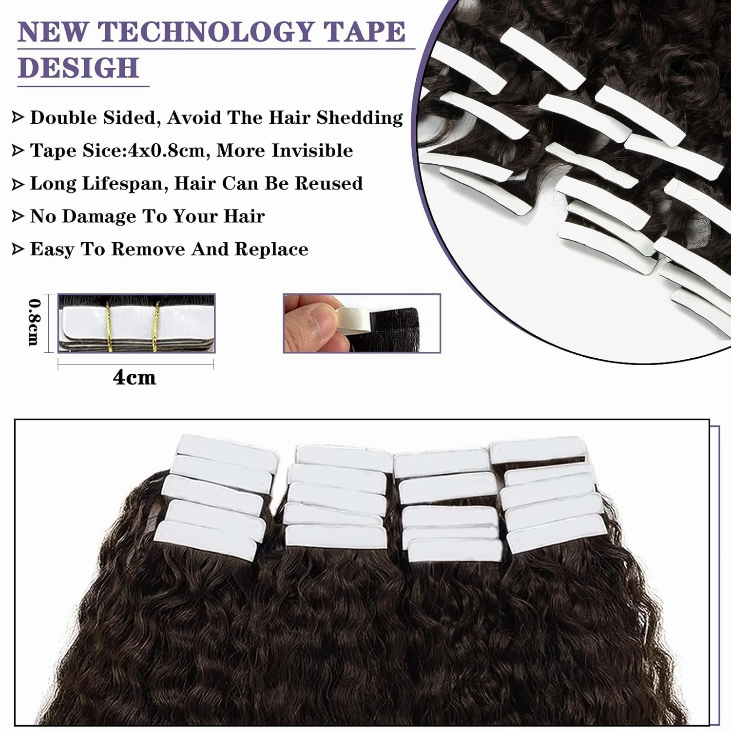 Anrosa Jerry Curly Hair Extensions Real Human Hair Tape in Darkest Brown Seamless Skin Weft Kinky Curly Hair Extensions Human Hair 20 inch Full Head Tape in Extensions for Black Women 50g 20pcs