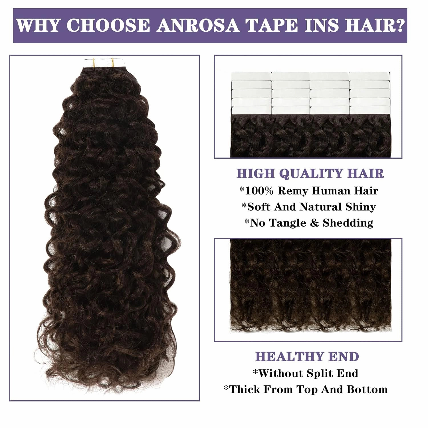 Anrosa Jerry Curly Hair Extensions Real Human Hair Tape in Darkest Brown Seamless Skin Weft Kinky Curly Hair Extensions Human Hair 20 inch Full Head Tape in Extensions for Black Women 50g 20pcs