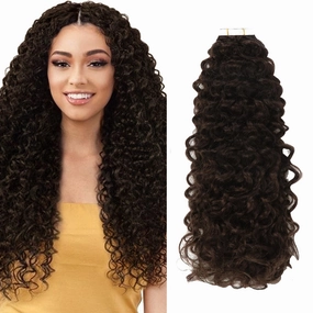 Anrosa Jerry Curly Hair Extensions Real Human Hair Tape in Darkest Brown Seamless Skin Weft Kinky Curly Hair Extensions Human Hair 20 inch Full Head Tape in Extensions for Black Women 50g 20pcs