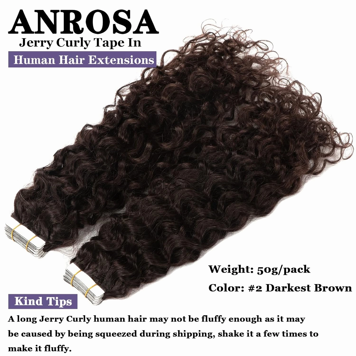 Anrosa Jerry Curly Hair Extensions Real Human Hair Tape in Darkest Brown Seamless Skin Weft Kinky Curly Hair Extensions Human Hair 20 inch Full Head Tape in Extensions for Black Women 50g 20pcs