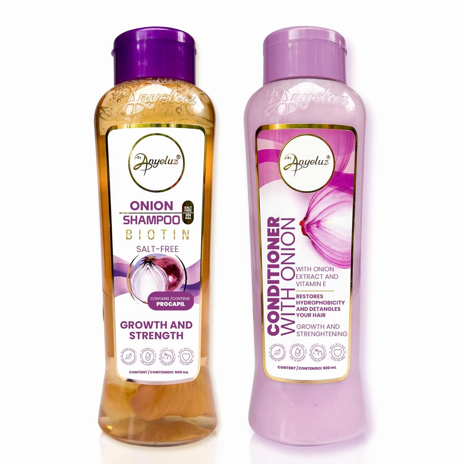 ANYELUZ Duo Onion Shampoo and Conditioner with Onion Extract and Vitamin E, Cleanses and Reduces Oiliness, For all Hair Types