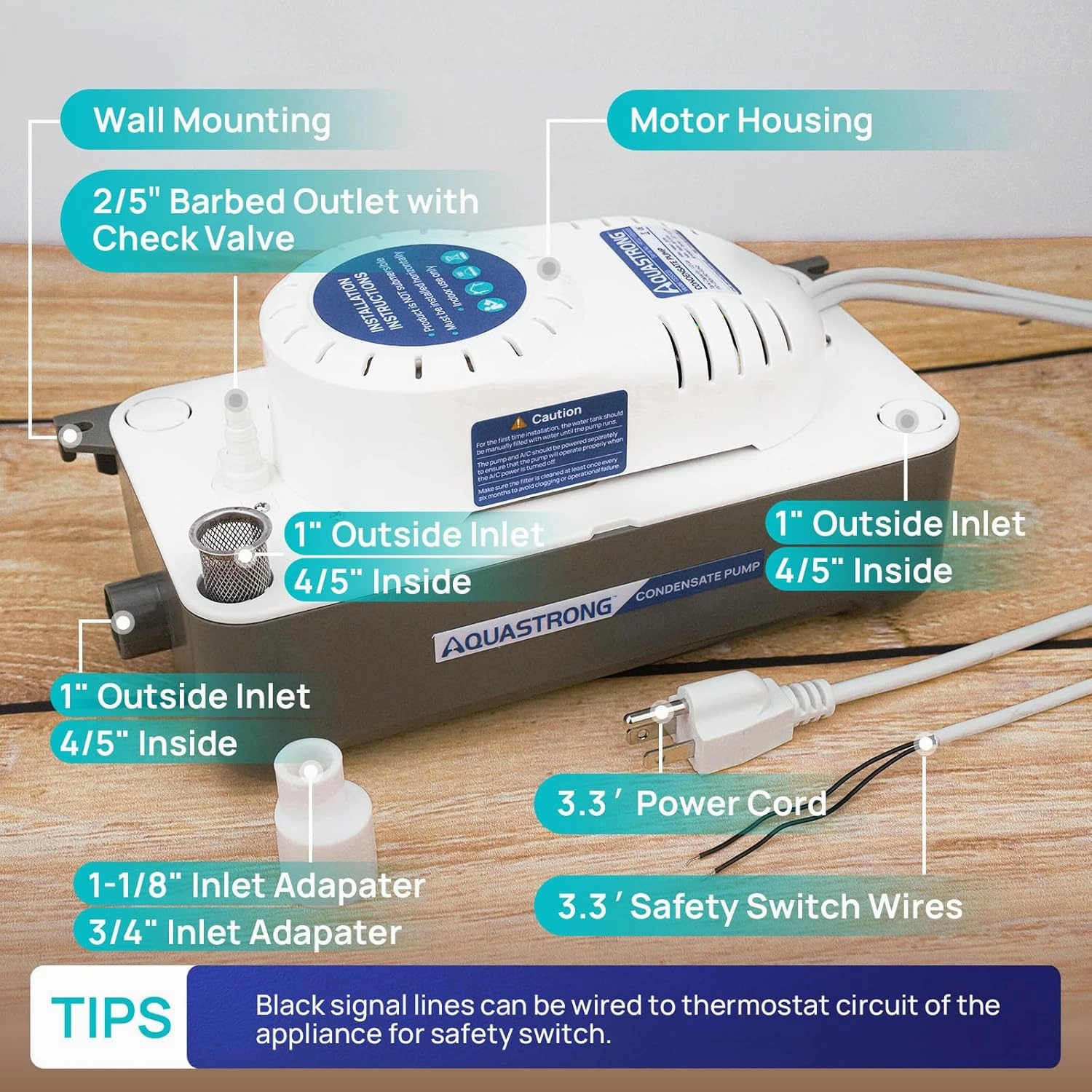 Aquastrong 1/38 HP 85 GPH HVAC Condensate Pump, 115V/230V, Automatic Safety Switch, AC Condensate Removal for Air Conditioner, Furnace, Dehumidifier, 3.3' Power Cord