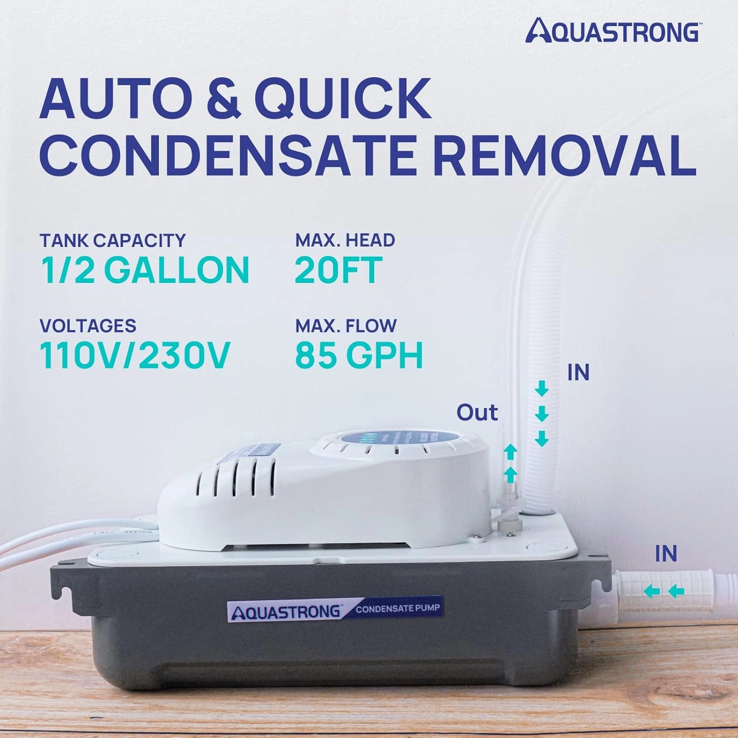 Aquastrong 1/38 HP 85 GPH HVAC Condensate Pump, 115V/230V, Automatic Safety Switch, AC Condensate Removal for Air Conditioner, Furnace, Dehumidifier, 3.3' Power Cord