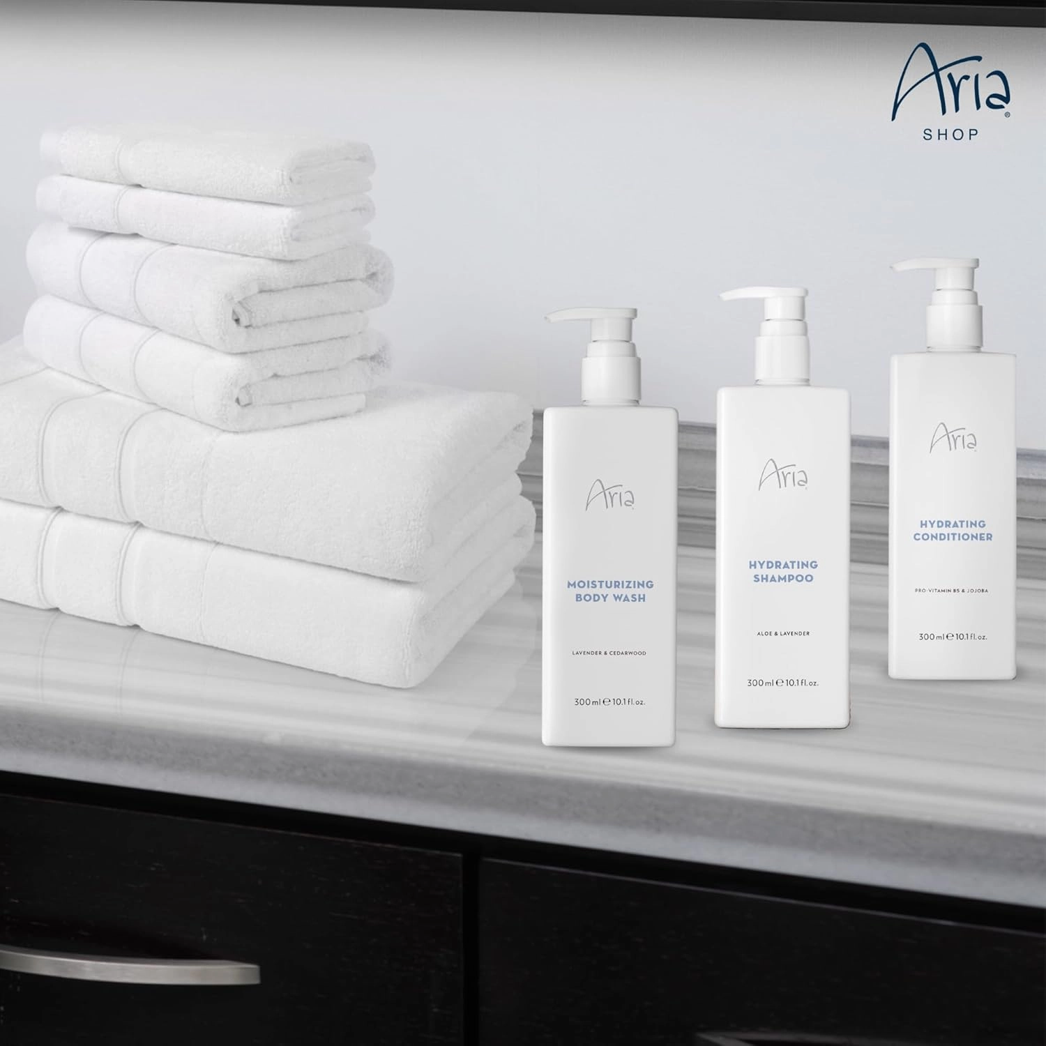 Aria Shower Set - Shampoo, Conditioner, Body Wash - Scented with Cedarwood, Green Mandarin, Lavender - Vegas Hotel Bath Amenities - 10 oz, White