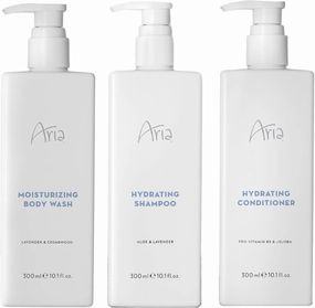 Aria Shower Set - Shampoo, Conditioner, Body Wash - Scented with Cedarwood, Green Mandarin, Lavender - Vegas Hotel Bath Amenities - 10 oz, White