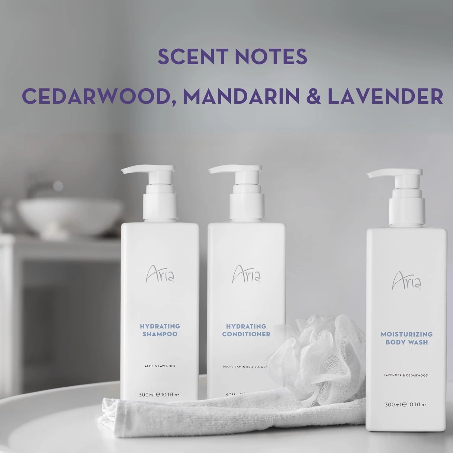 Aria Shower Set - Shampoo, Conditioner, Body Wash - Scented with Cedarwood, Green Mandarin, Lavender - Vegas Hotel Bath Amenities - 10 oz, White