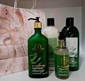 Aromatherapy Eucalyptus Spearmint Bath Set, Stress Relief Body Lotion 6.5 fl oz, Essential Oil Mist 5.3 fl oz, Shampoo and Conditioner gift bag