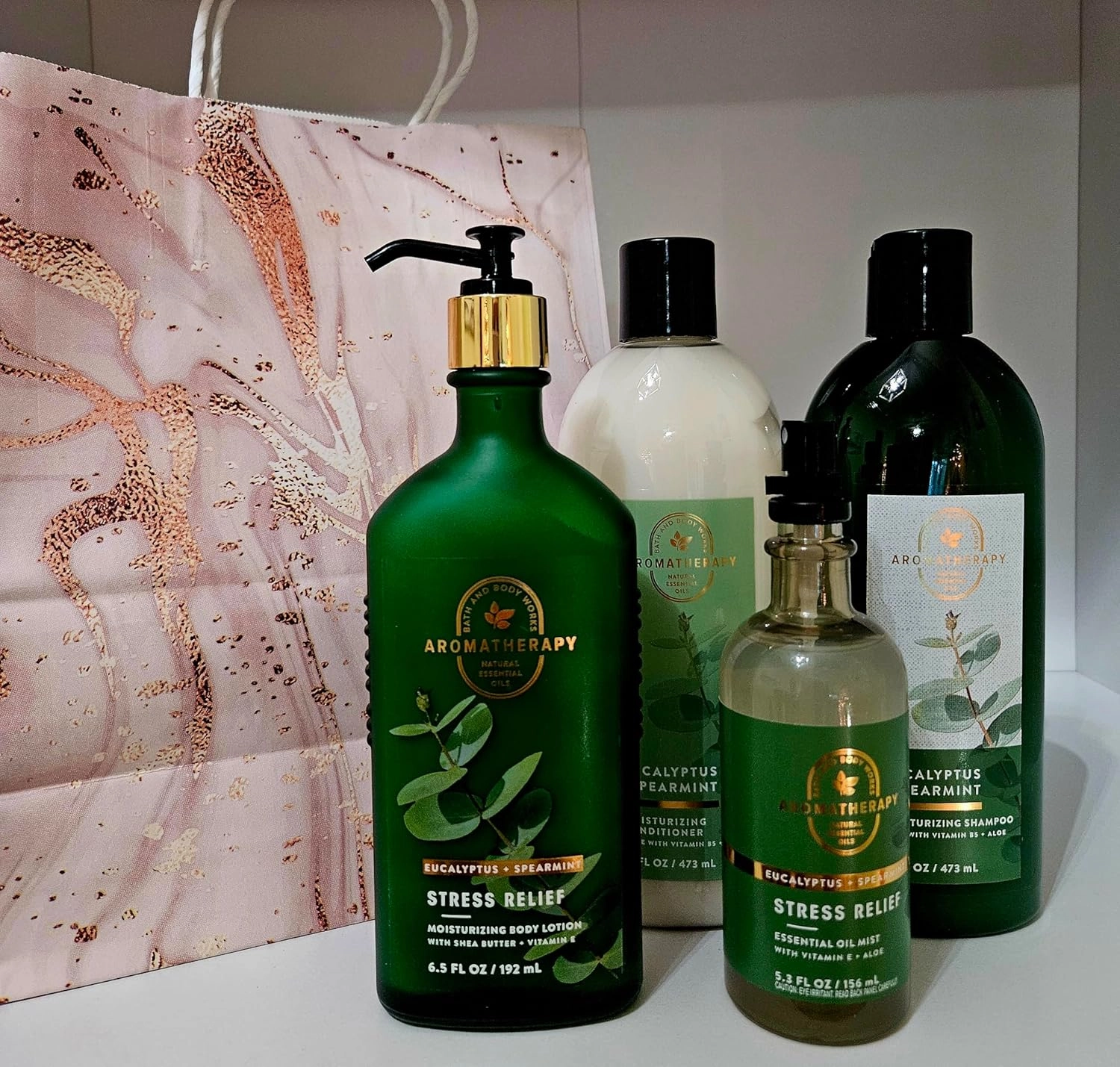 Aromatherapy Eucalyptus Spearmint Bath Set, Stress Relief Body Lotion 6.5 fl oz, Essential Oil Mist 5.3 fl oz, Shampoo and Conditioner gift bag