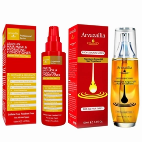 Arvazallia Premium Argan Oil Hair Treatment and Leave-in Mask & Hydrating Conditioner Spray Bundle - Professional Grade Hydration and Damage Repair for Dry or Damaged Hair
