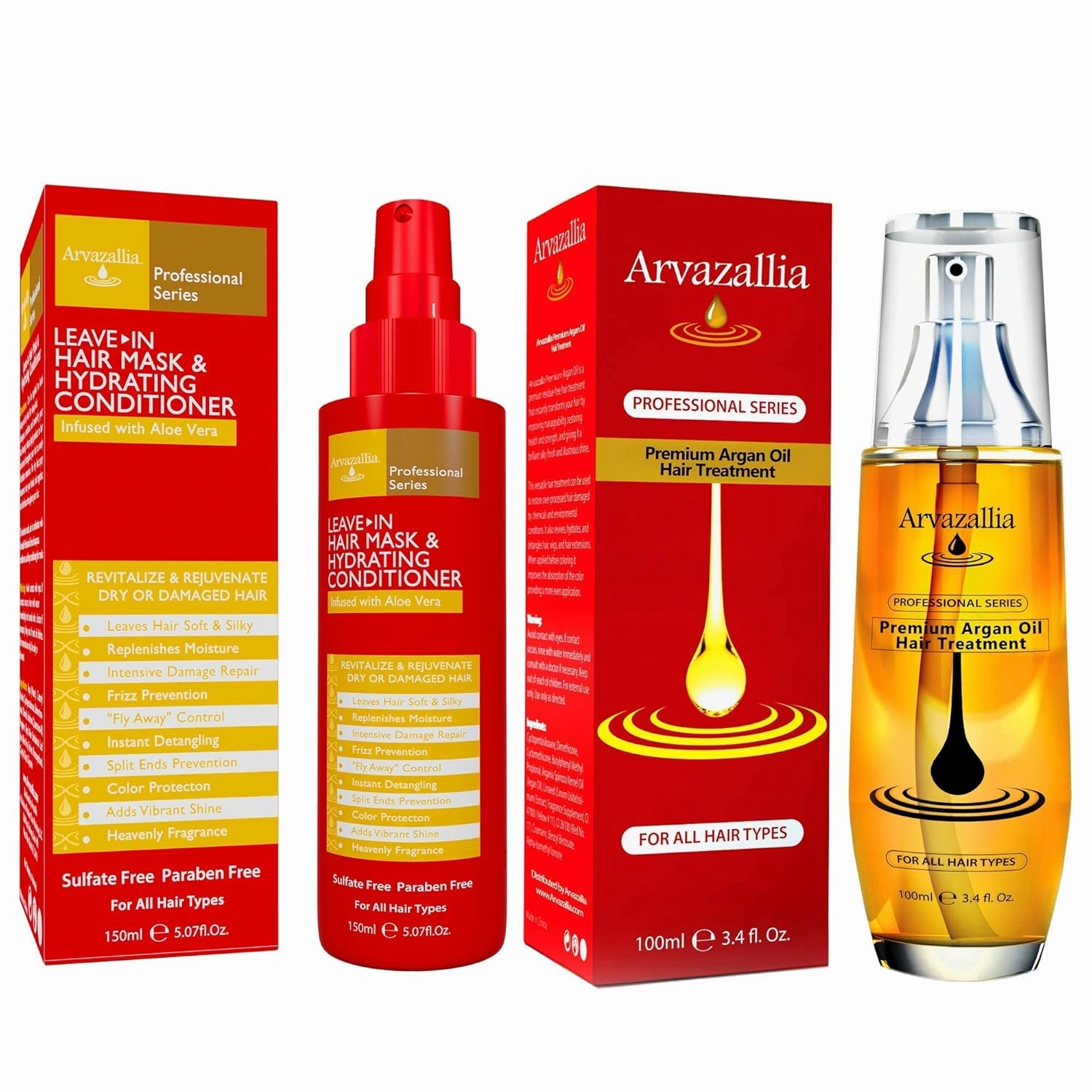 Arvazallia Premium Argan Oil Hair Treatment and Leave-in Mask & Hydrating Conditioner Spray Bundle - Professional Grade Hydration and Damage Repair for Dry or Damaged Hair