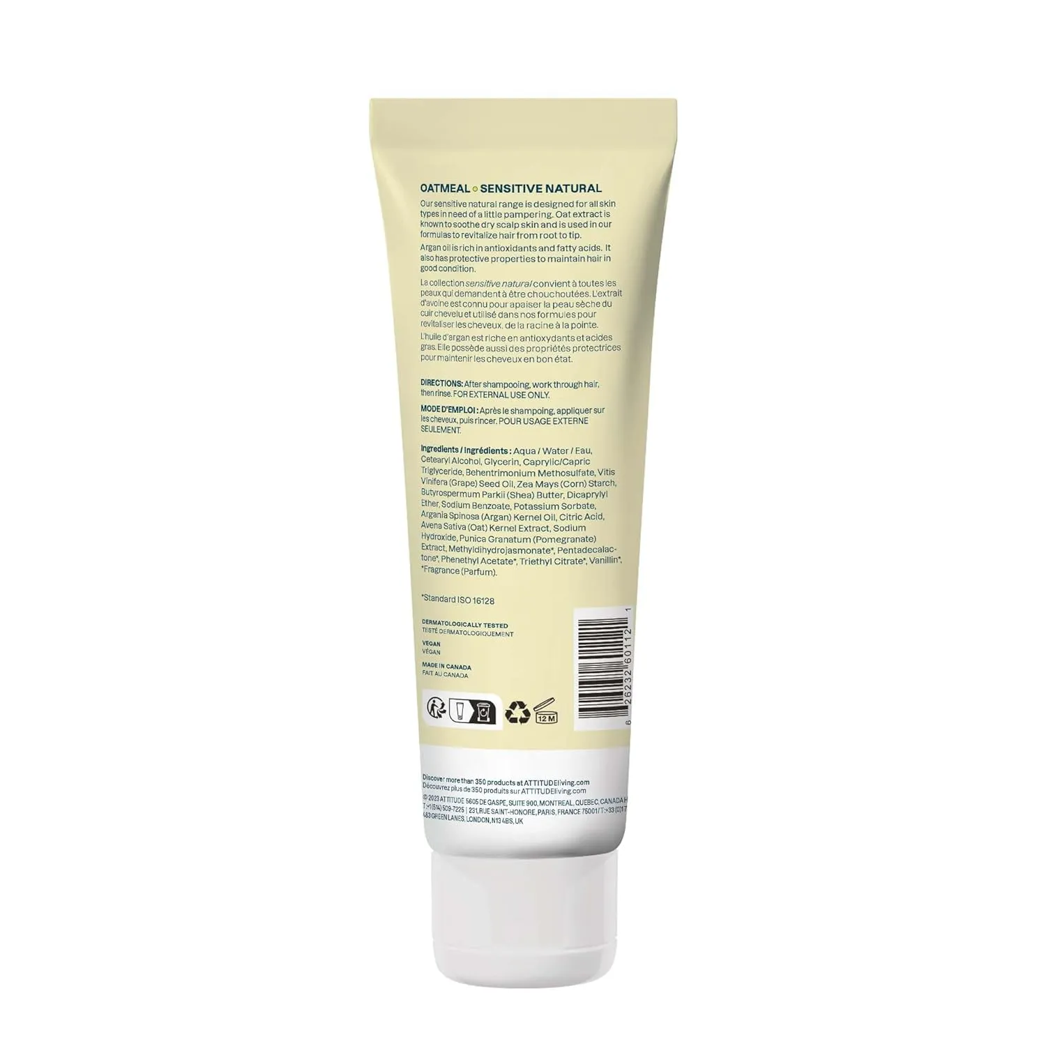 ATTITUDE Hair Conditioner for Sensitive Dry Scalp, Soothing Oat, Protects Color, Naturally Derived Ingredients, Dermatologically Tested, Vegan Detangler, Color Care, 8 Fl Oz