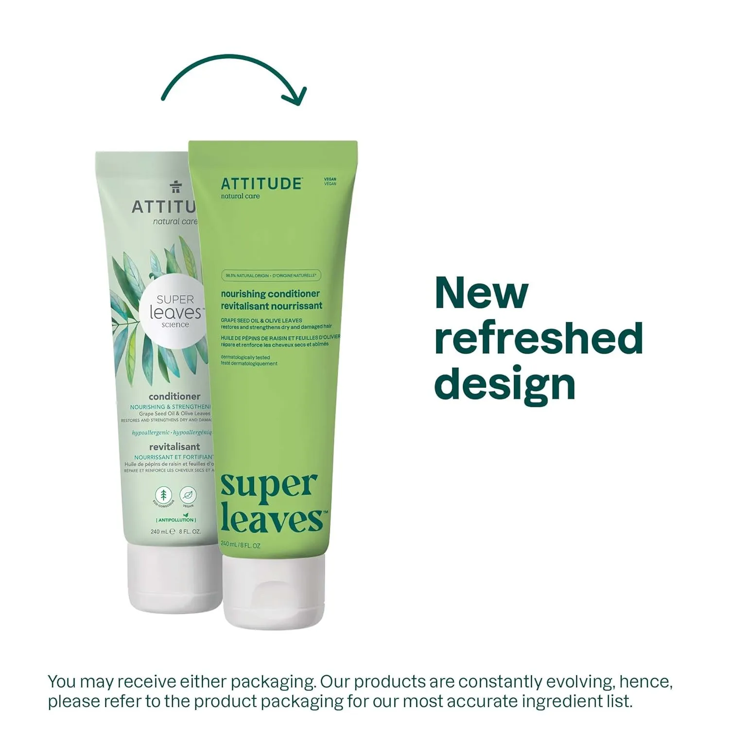 ATTITUDE Nourishing Hair Conditioner, For Dry and Damaged Hair, Naturally Derived Ingredients, Vegan Detangler, Dermatologically Tested, Grapeseed Oil and Olive Leaves, 8 Fl Oz