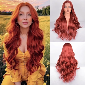 Auburn Long Wig Small Lace Natural Curly Heat Resistant Wigs 28 Inch Middle Part Synthetic Wave Wig for Women Daily Party Use (Auburn (350#), 28 Inch)