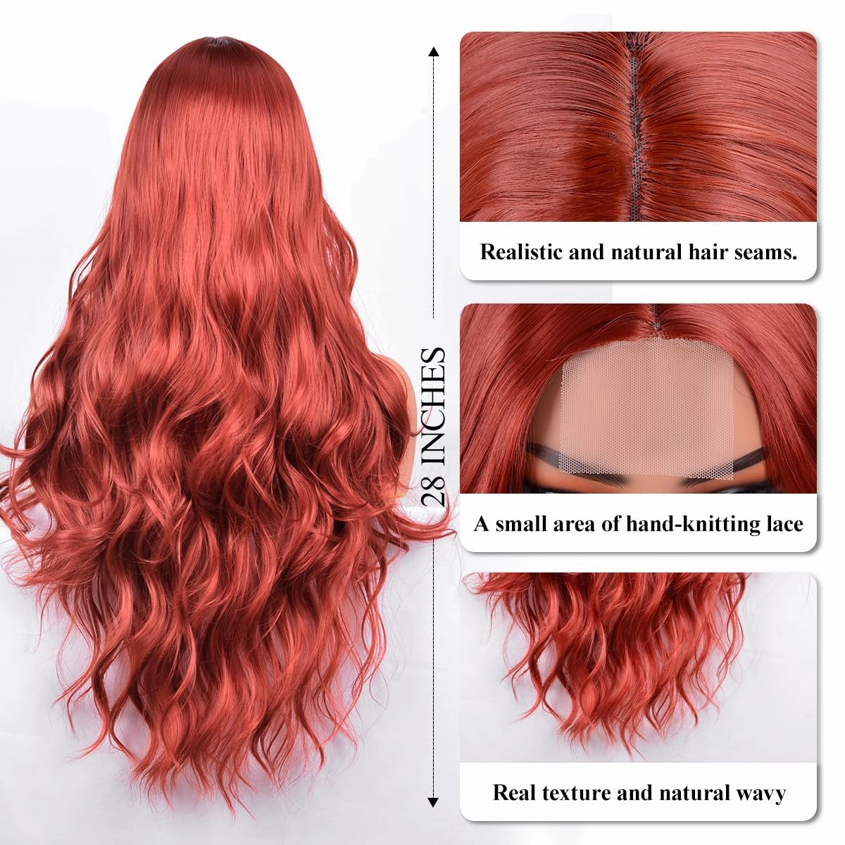 Auburn Long Wig Small Lace Natural Curly Heat Resistant Wigs 28 Inch Middle Part Synthetic Wave Wig for Women Daily Party Use (Auburn (350#), 28 Inch)