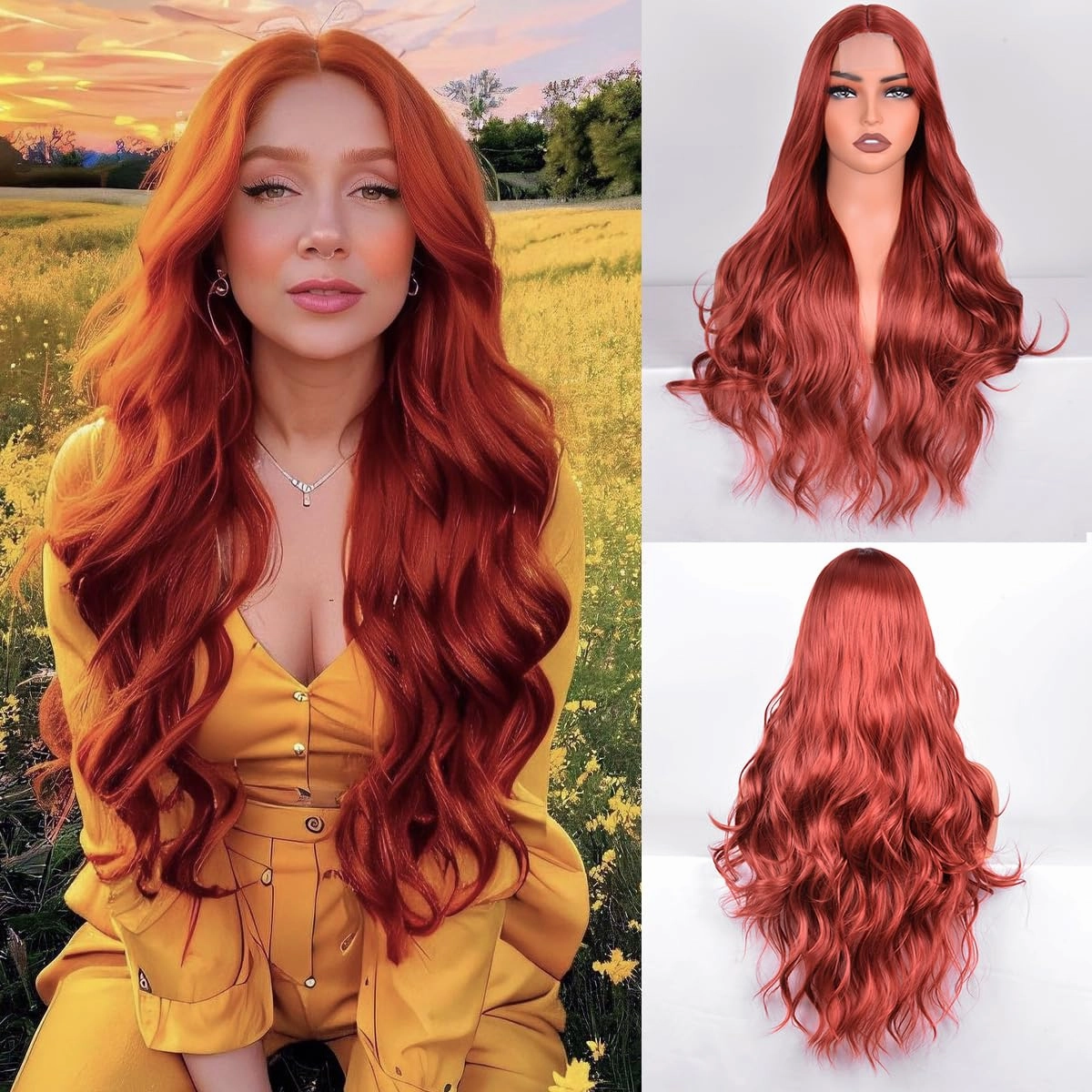 Auburn Long Wig Small Lace Natural Curly Heat Resistant Wigs 28 Inch Middle Part Synthetic Wave Wig for Women Daily Party Use (Auburn (350#), 28 Inch)