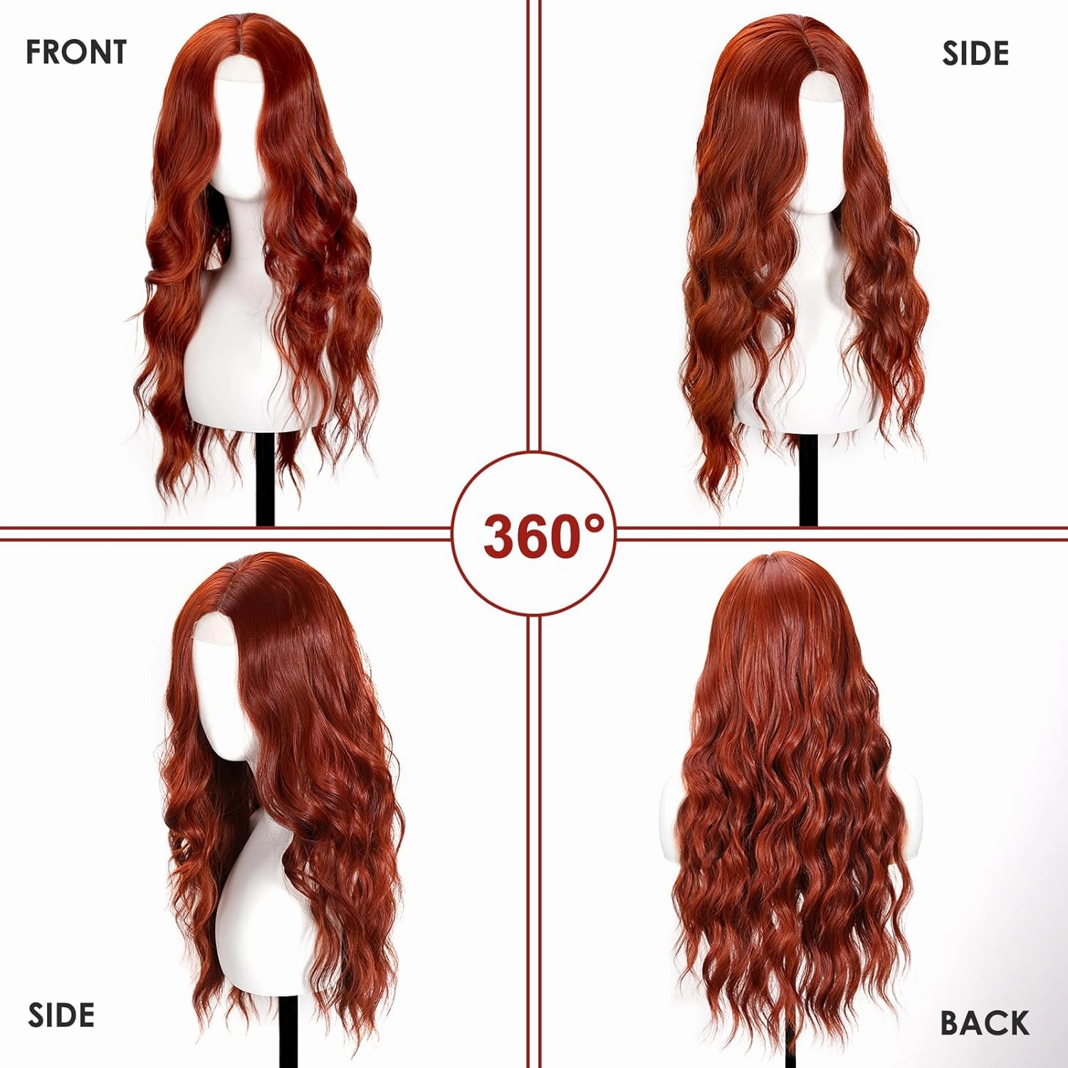 Auburn Wig for Women, 26 Inch Long Wavy Lace Hairline Middle Part Natural Looking Synthetic Heat Resistant Fiber Wigs for Daily, Party, Halloween and Cosplay, Auburn