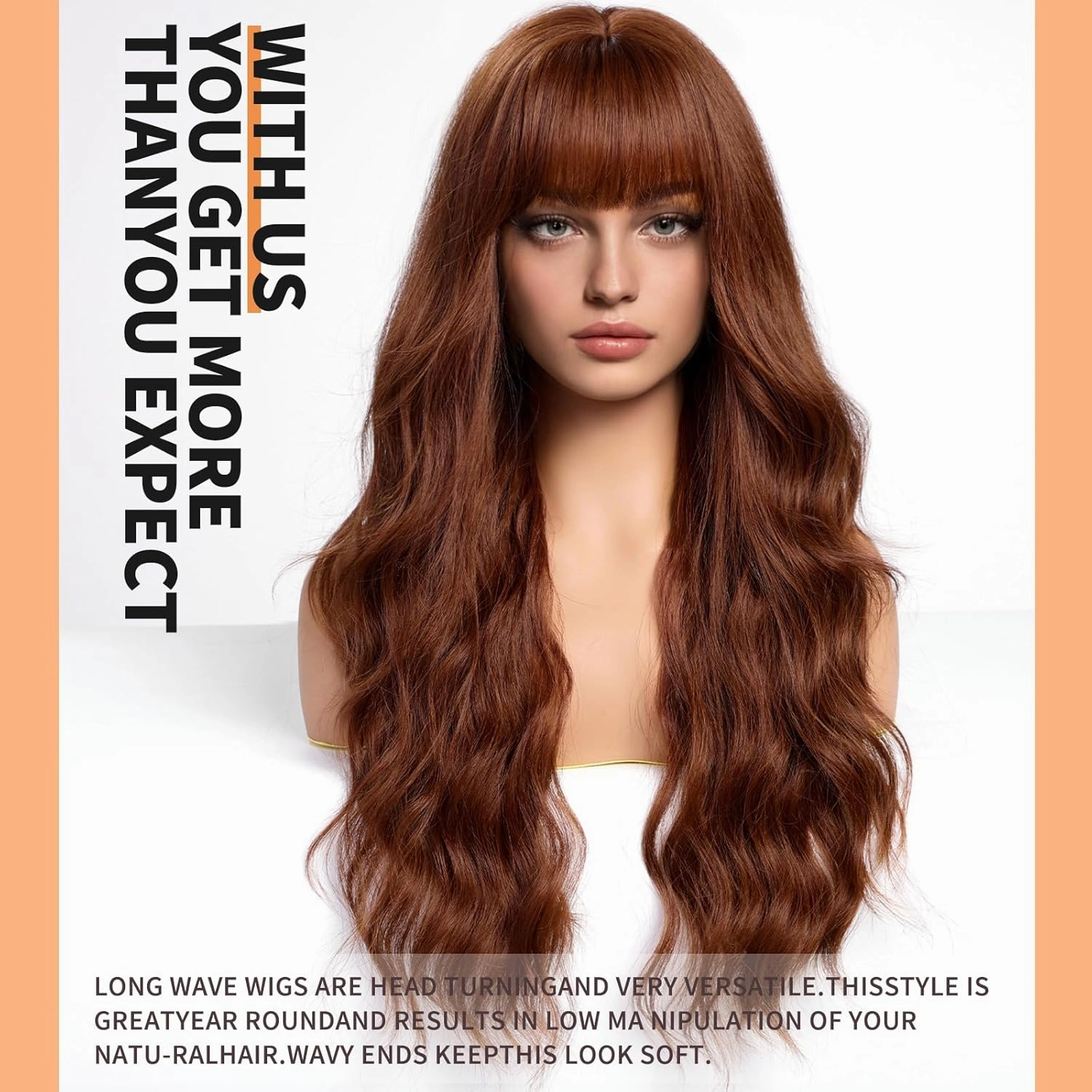 Auburn Wigs with Bangs,Copper Red Long Wavy Wig for Women,Long Curly Synthetic Hair Wig for Party Daily Use 24IN