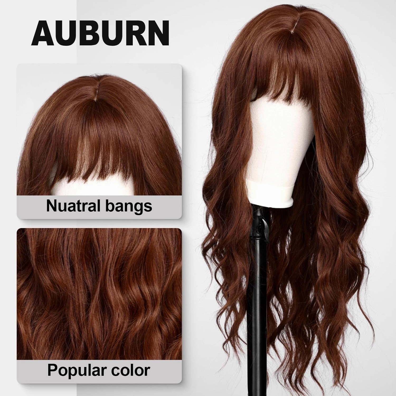 Auburn Wigs with Bangs,Copper Red Long Wavy Wig for Women,Long Curly Synthetic Hair Wig for Party Daily Use 24IN