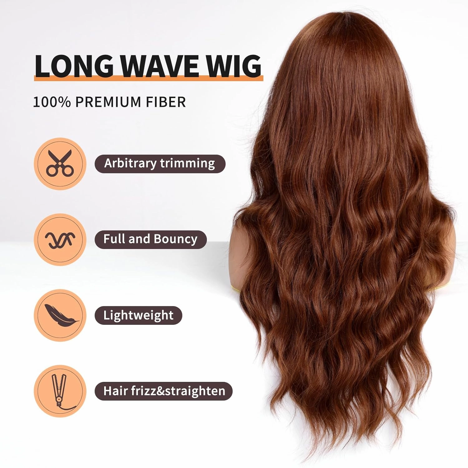 Auburn Wigs with Bangs,Copper Red Long Wavy Wig for Women,Long Curly Synthetic Hair Wig for Party Daily Use 24IN