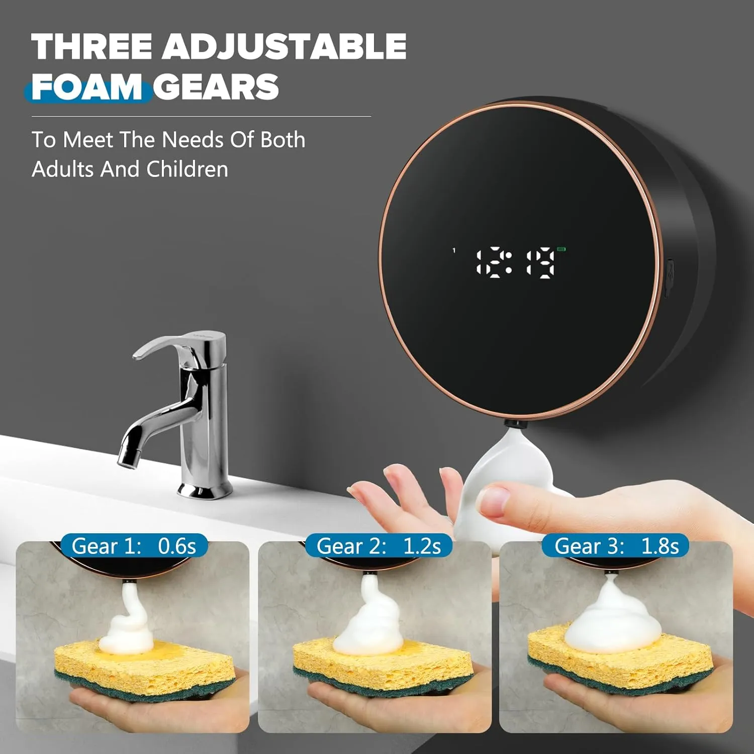 Automatic Soap Dispenser Foam Bathroom: Wall Mount Rechargeable Touchless Adjustable Auto Smart Electric Plastic Black Foaming Soap Dispenser with Clock - Kitchen - Hand Dish Lotion Couple Kids