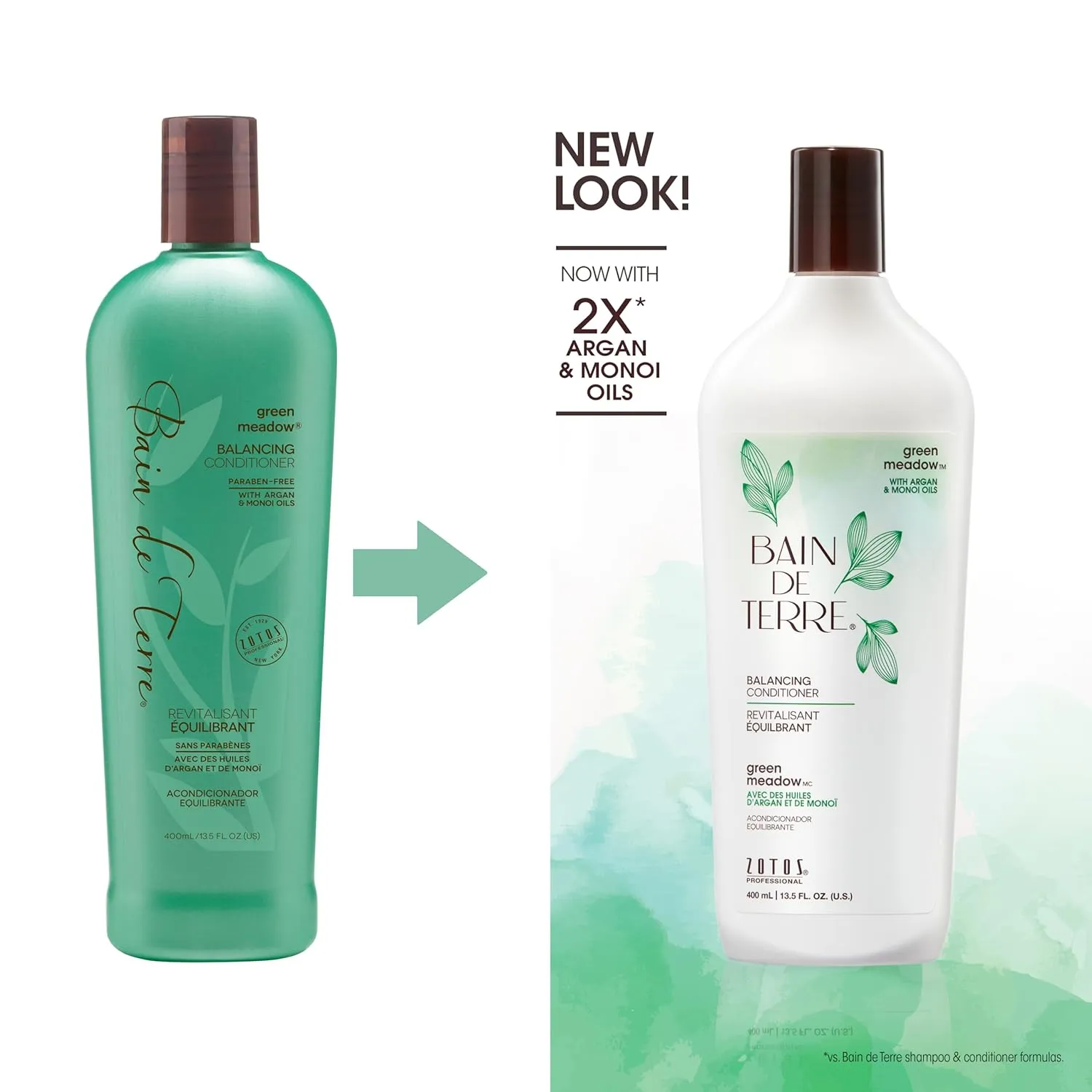 Bain de Terre Green Meadow Balancing Conditioner, Gentle Moisture Balance for Soft, Silky & Bouncy Hair with Argan & Monoi Oils, Paraben-free, Color-Safe, Vegan (2 sizes)