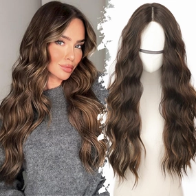 Balayage Dark Brown to Chestnut Long Wavy Wig for Women, Pre-Cut HD Lace Natural Hairline, Glueless Middle Part, Synthetic Fiber for Daily and Party Use 26Inch