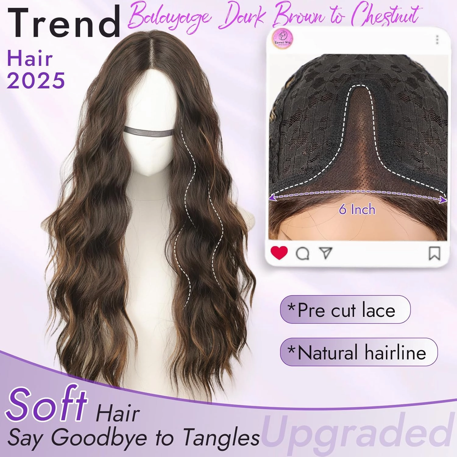 Balayage Dark Brown to Chestnut Long Wavy Wig for Women, Pre-Cut HD Lace Natural Hairline, Glueless Middle Part, Synthetic Fiber for Daily and Party Use 26Inch
