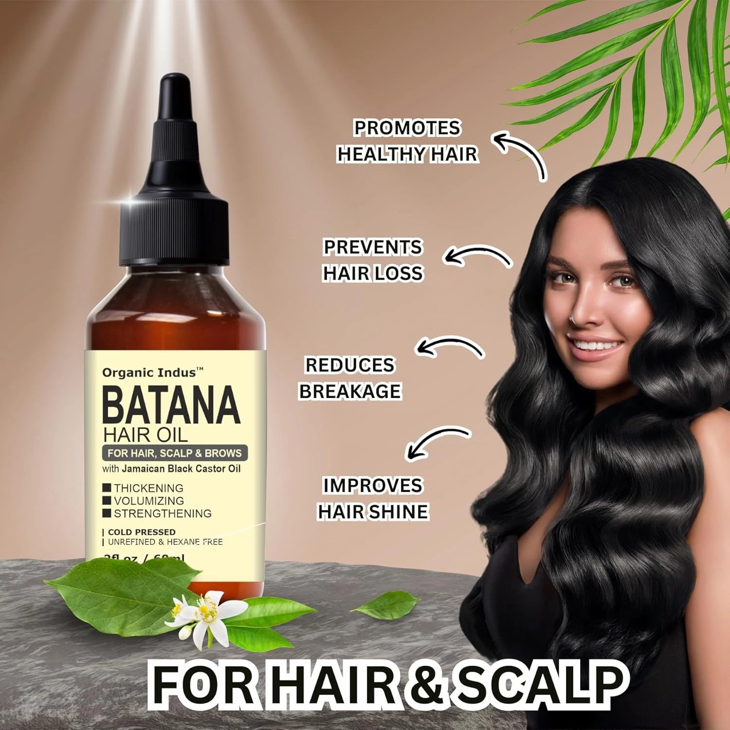 Batana Hair Oil for Hair Growth 2oz (60ml) | Infused with Jamaican Black Castor Oil | Thickening, Strengthening, Moisturizing, Hydrating for Dry Hair | Double Growth Formula