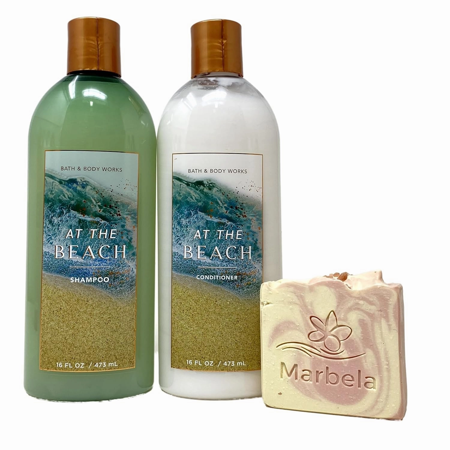 Bath and Body Works At The Beach Shampoo and Conditioner with a Himalayan Salts Springs Bar Soap.