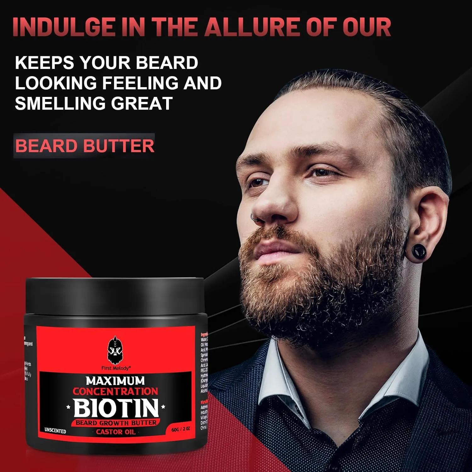 Beard Butter,Maximum Concentration Biotin,with Castor Oil and Argan & Jojoba Oils, Promotes Beard Growth, Styles, Strengthens & Softens Beards,Unruly Beards While Relieving Itch,4 Ounce