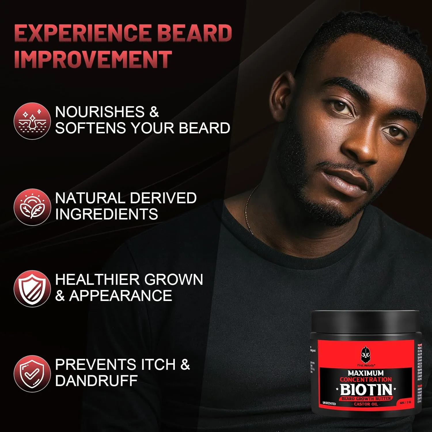 Beard Butter,Maximum Concentration Biotin,with Castor Oil and Argan & Jojoba Oils, Promotes Beard Growth, Styles, Strengthens & Softens Beards,Unruly Beards While Relieving Itch,4 Ounce
