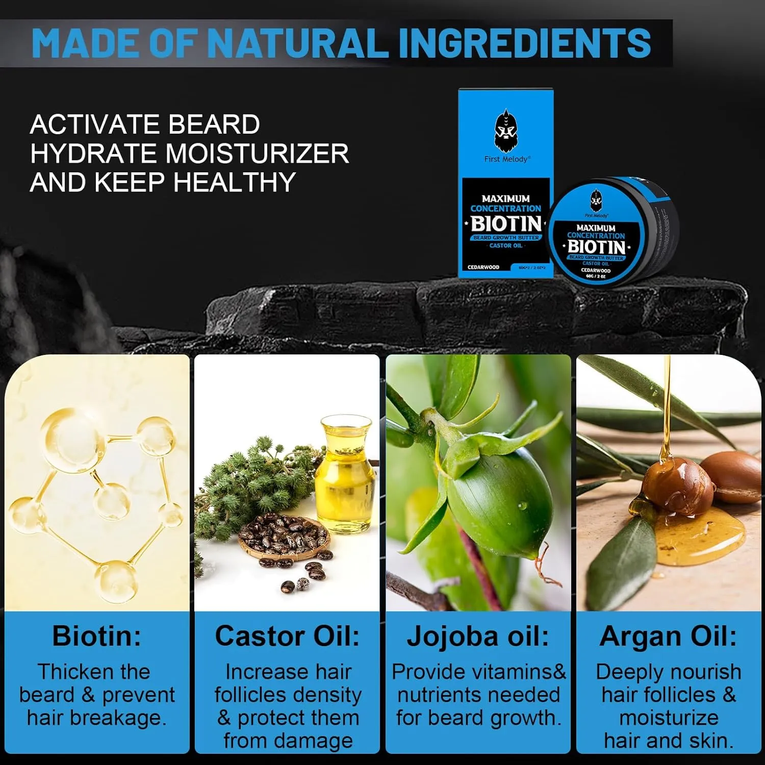 Beard Butter,Maximum Concentration Biotin,with Castor Oil and Argan & Jojoba Oils, Promotes Beard Growth, Styles, Strengthens & Softens Beards,Unruly Beards While Relieving Itch,4 Ounce